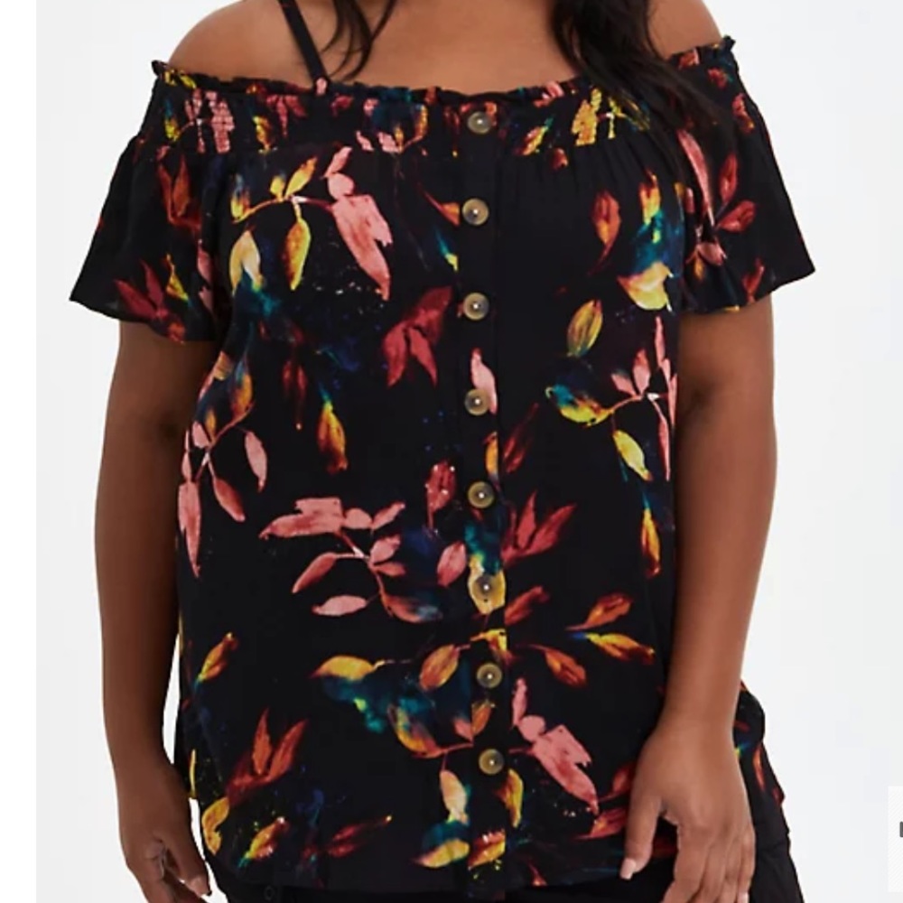 TORRID Plus Size 3. SMOCKED COLD-SHOULDER BLOUSE - GAUZE LEAF BLACK